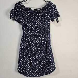 Blush navy blue with white stars pattern short sleeve midi dress